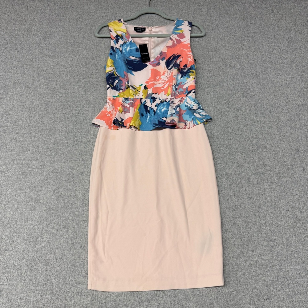 Bebe Peplum Midi Dress Size 2 Pink Floral V-Neck Crepe Sheath 70GEK101U606 NWT